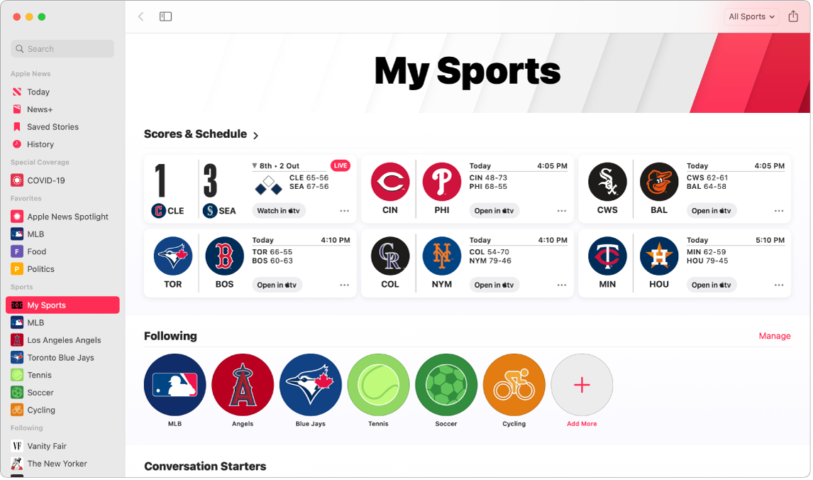 Прозорецът на News (Новини), показващ My Sports (Моите спортове), който включва Schedules (Графици) и Scores (Резултати), както и следените лиги, отбори и спортове.