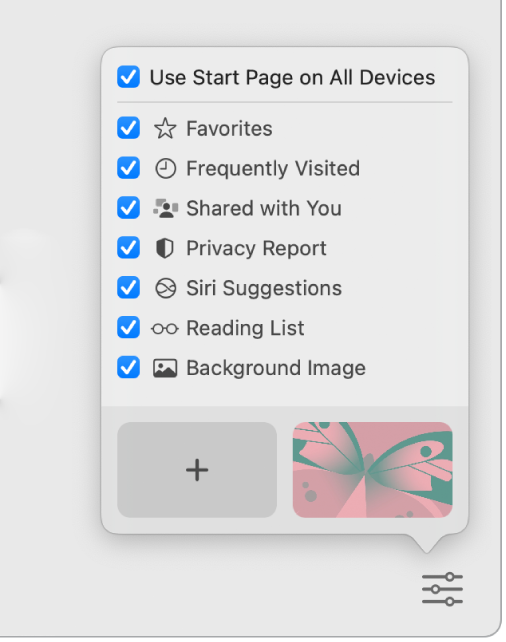 Изскачащото меню Customize Safari (Персонализиране на Safari) с полета за маркиране за Favorites (Любими), Frequently Visited (Често посещавани), Shared with You (Споделени с вас), Privacy Report (Отчет за поверителност), Siri Suggestions (Предложения от Siri), Reading List (Списък за четене) и Background Image (Изображение за фон).