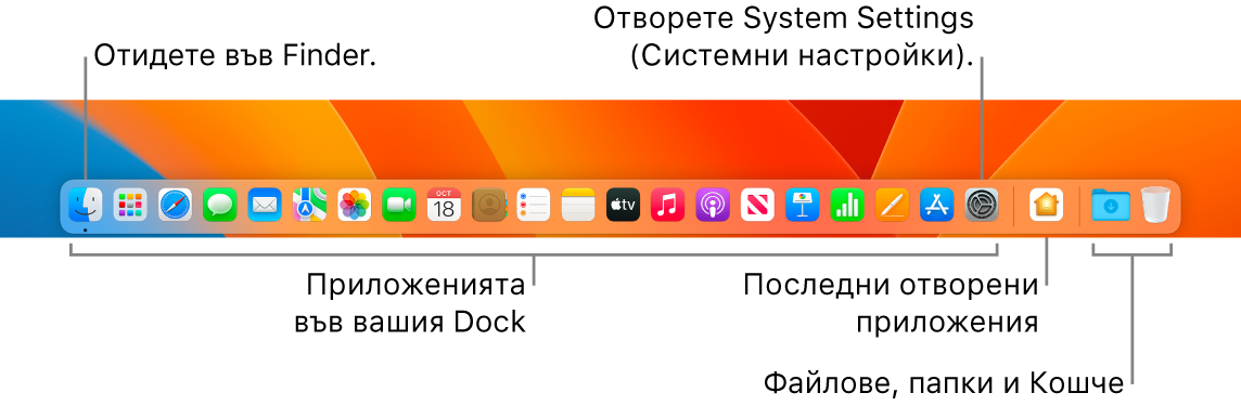 Лентата Dock, която показва Finder, System Settings (Системни настройки) и линията в лентата Dock, която разделя приложенията от файловете и папките.