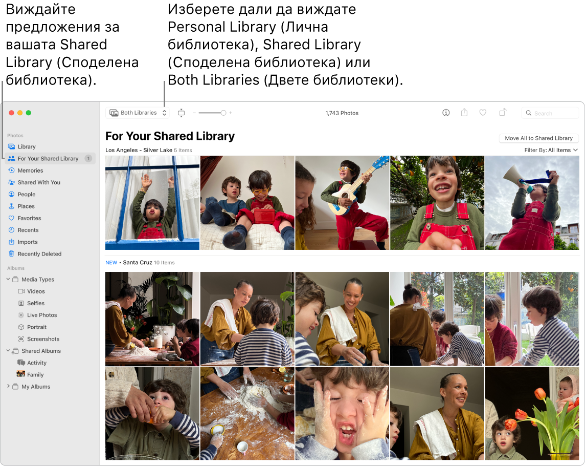 Прозорецът на Photos (Снимки) показва и Личната, и Споделената библиотека с предложения за снимки за Споделената библиотека.
