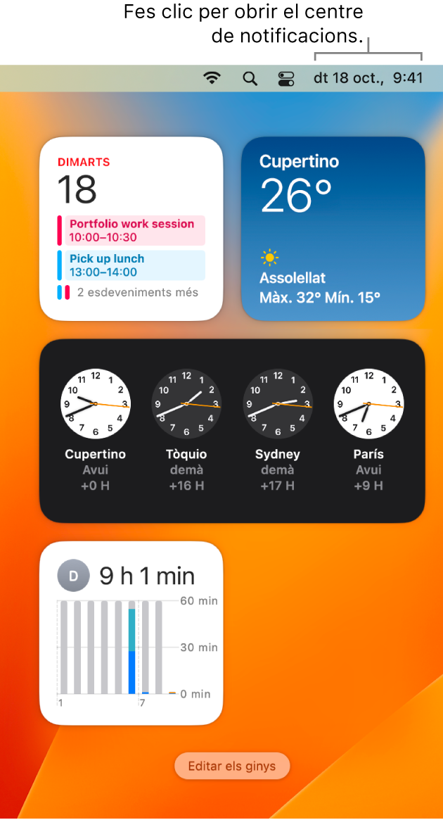 Al centre de notificacions es veuen les notificacions i els ginys de les apps Calendari, Temps, Rellotge i “Temps d’ús”.