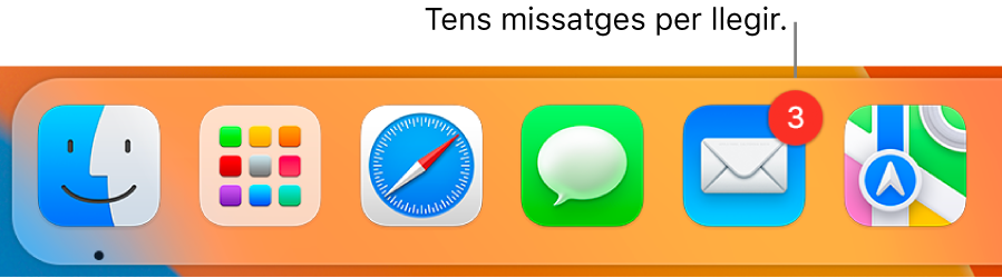 Un fragment del Dock mostrant la icona del Mail amb l’indicador de missatges no llegits.