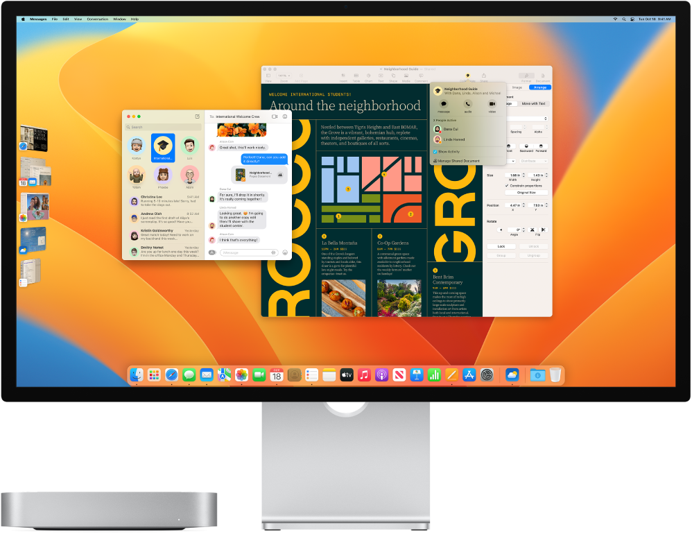 Mac mini s připojeným monitorem, na kterém se zobrazuje plocha s Ovládacím centrem a několika otevřenými aplikacemi
