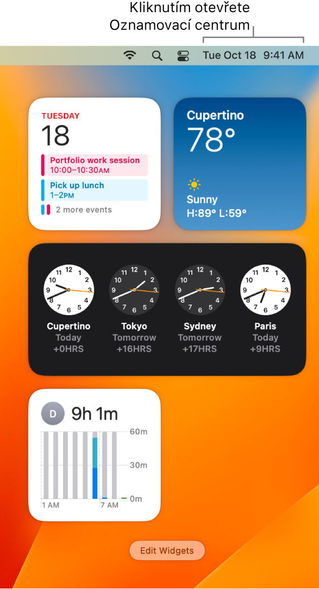 Oznamovací centrum s oznámeními a widgety aplikací Kalendář, Počasí, Hodiny a Čas u obrazovky