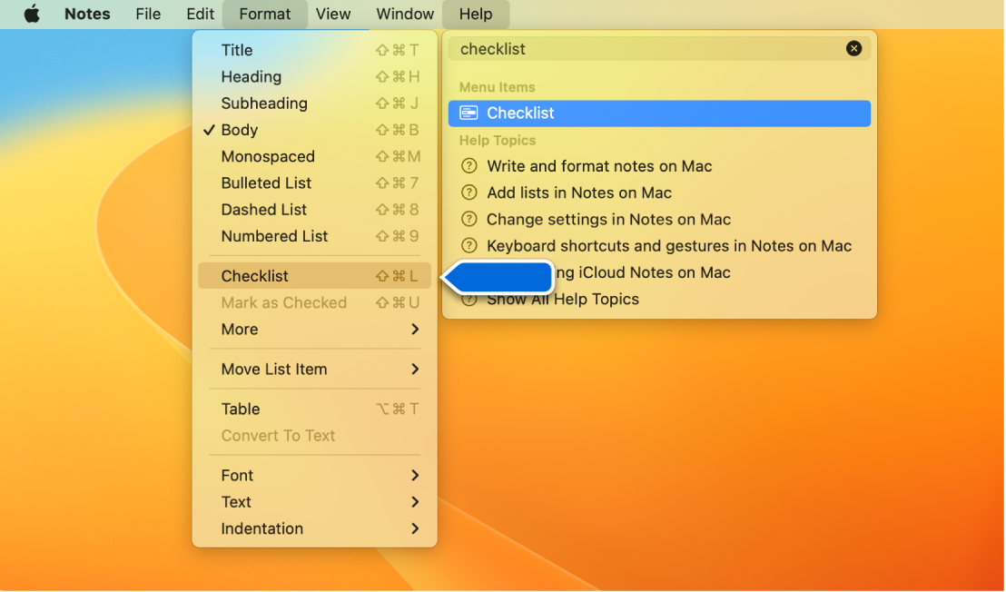 Hjælpemenuen viser en søgning efter “tjekliste,” hvor Tjekliste er fremhævet i Formatmenuen.