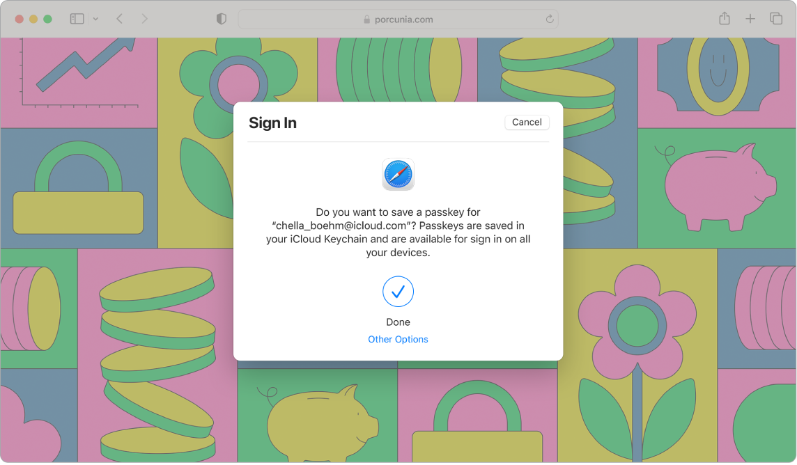 Et Safari-vindue med en Log ind-dialog, der spørger, om brugeren ønsker at gemme en loginnøgle. Dialogen fortæller, at loginnøgler gemmes i din iCloud-nøglering og kan bruges til login på alle dine enheder. Et blåt flueben indikerer, at loginnøglen er blevet oprettet, og der er et link til Andre indstillinger for at oprette en loginnøgle.