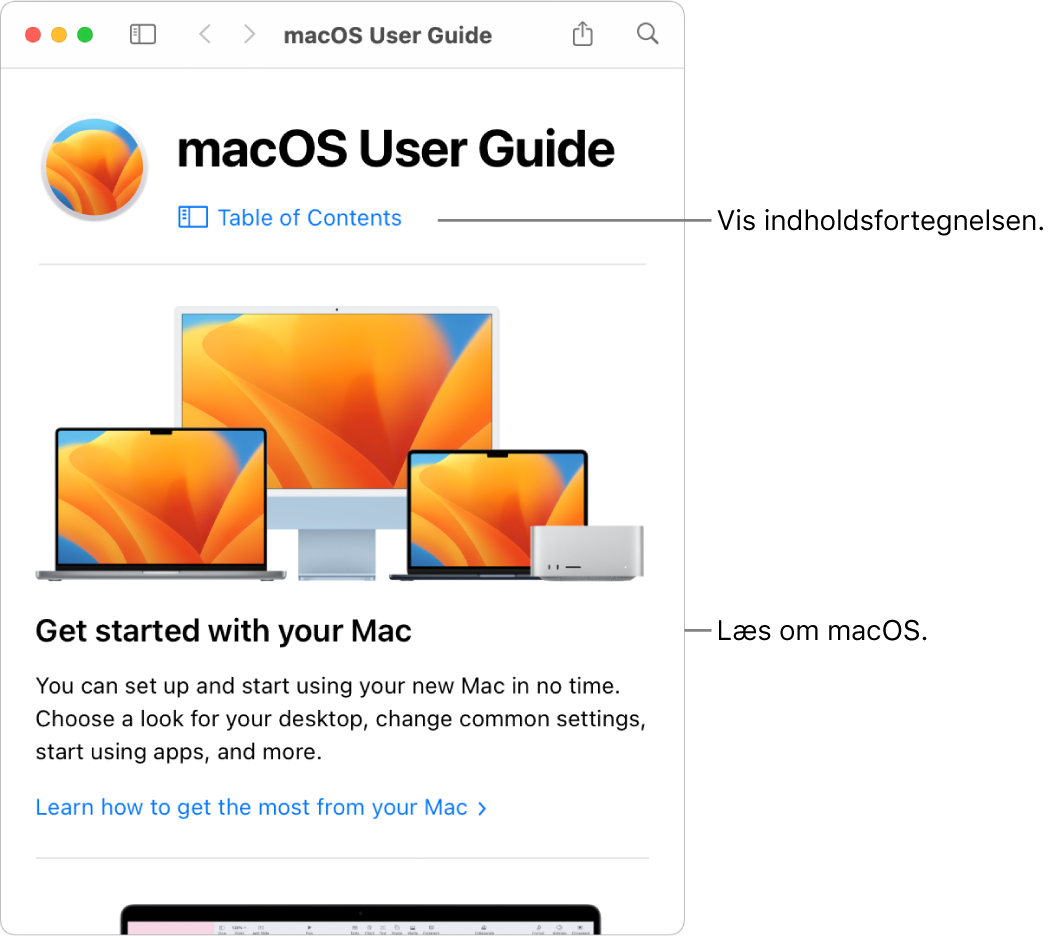 Velkomstsiden i Brugerhåndbog til macOS, der viser linket Indholdsfortegnelse.