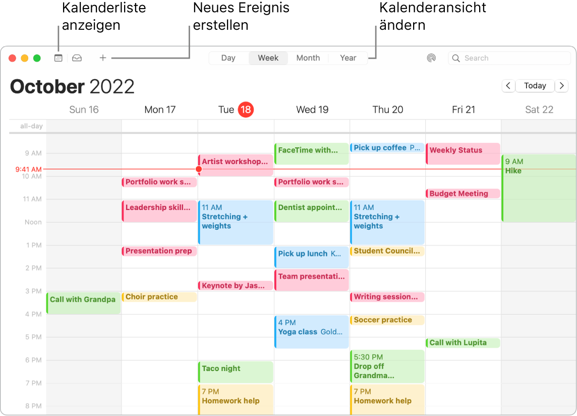 Ein Kalender-Fenster mit der Kalenderliste und Informationen zum Erstellen eines Ereignisses und zum Auswählen einer Darstellung in Tagen, Monaten oder Jahren