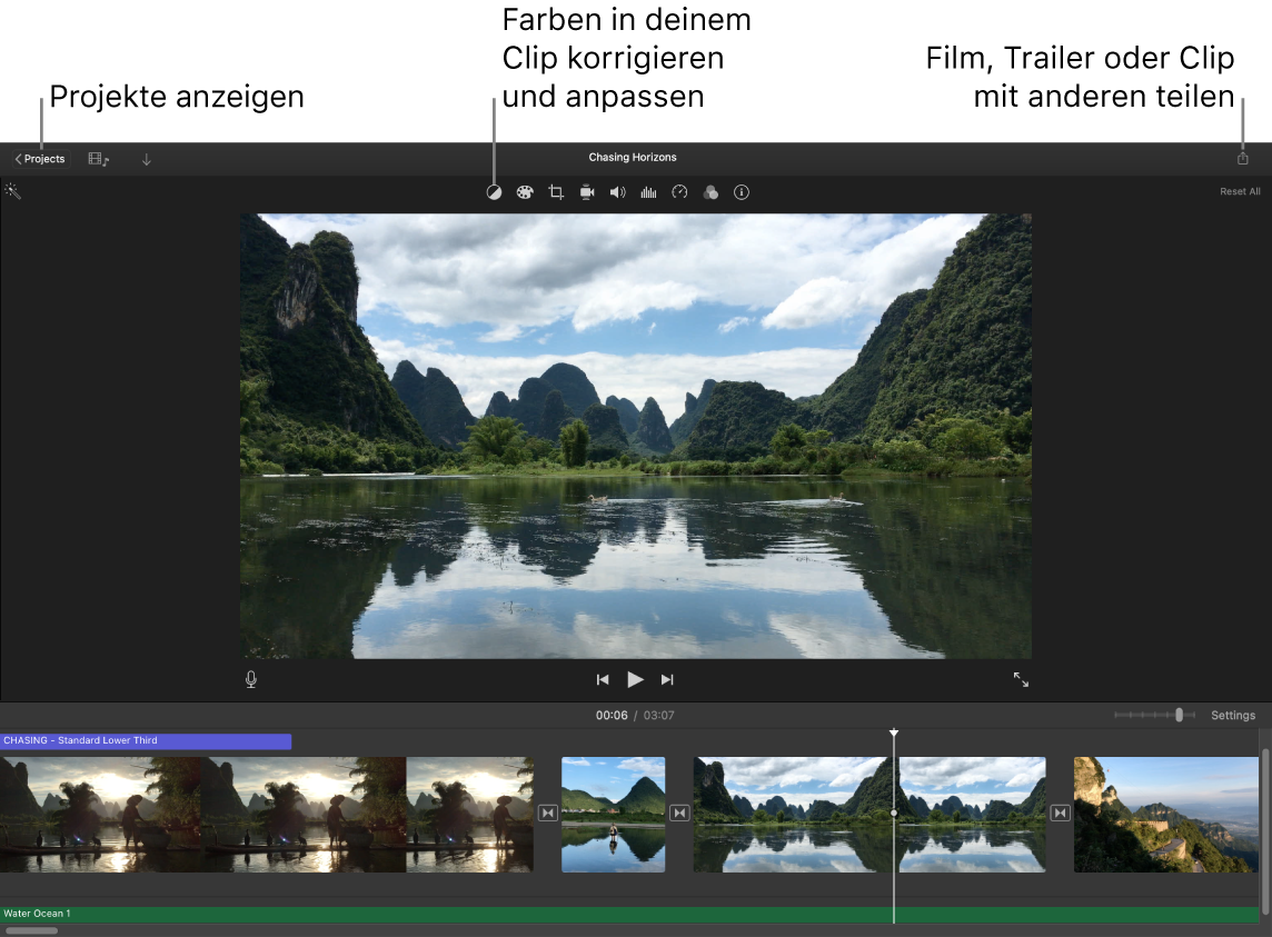 Ein iMovie-Fenster mit Tasten zum Anzeigen von Projekten, Korrigieren oder Anpassen von Farben und Teilen deines Films, Trailers oder Filmclips.