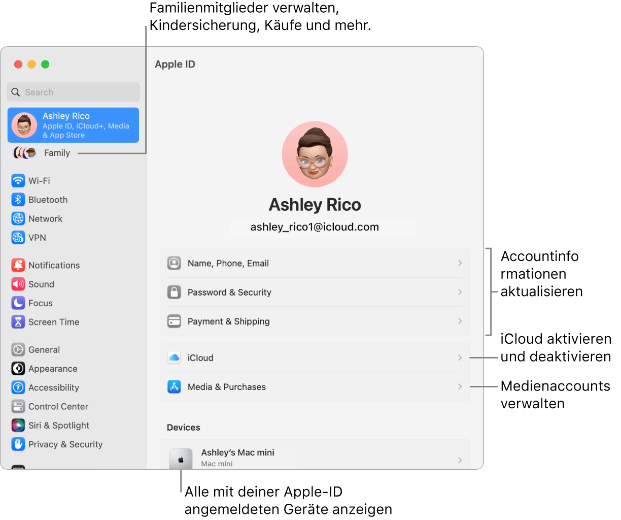 Apple-ID-Einstellungen in den Systemeinstellungen mit Beschriftungen zum Aktualisieren der Accountinformationen, Ein- bzw. Ausschalten von iCloud-Funktionen, Verwalten von Medienaccounts und für die Funktion „Familie“, um Familienmitglieder, Kindersicherung, Käufe und mehr zu verwalten.