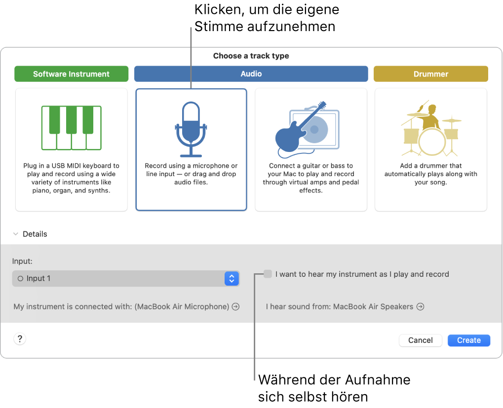 GarageBand-Instrumentbereich mit Taste zur Stimmaufzeichnung und Wiedergabe während der Aufnahme