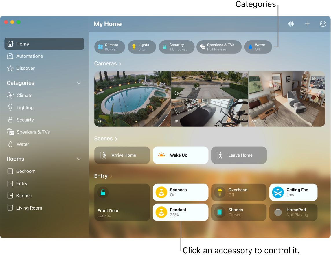 The Home app showing categories, favorite scenes, and favorite accessories.