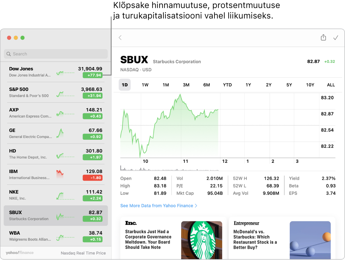 Rakenduse Stocks kuvas on toodud info ja lood valitud aktsia kohta koos väljaviigu tekstiga “Klõpsake hinnamuutuse, protsentmuutuse ja turukapitalisatsiooni vaate vahel vahetamiseks”.