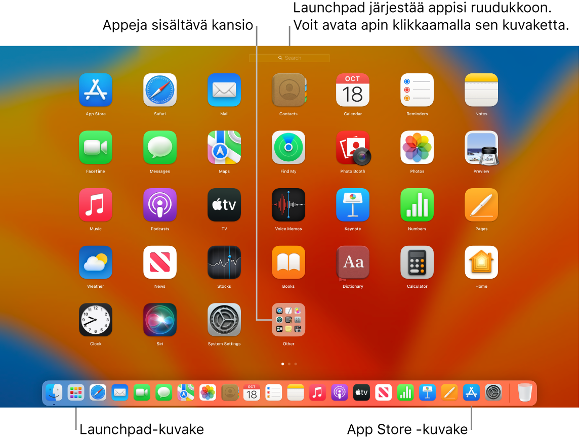Macin näyttö, jossa on Launchpad avoinna. Launchpadissa näkyvät appikansio ja Dockin Launchpad- ja App Store -kuvakkeet.