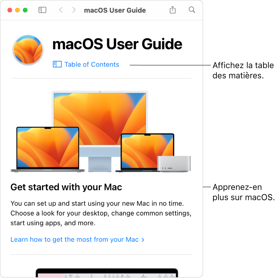 La page d’accueil du guide d’utilisation de macOS présentant le lien Table des matières.