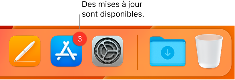 Section du Dock affichant l’icône de l’App Store avec une pastille, ce qui indique que des mises à jour sont disponibles.