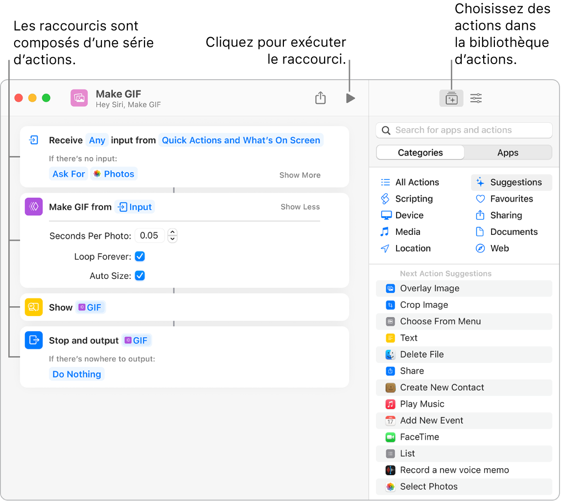 L’éditeur de raccourcis « Créer GIF » sur la gauche et la bibliothèque d’actions sur la droite.