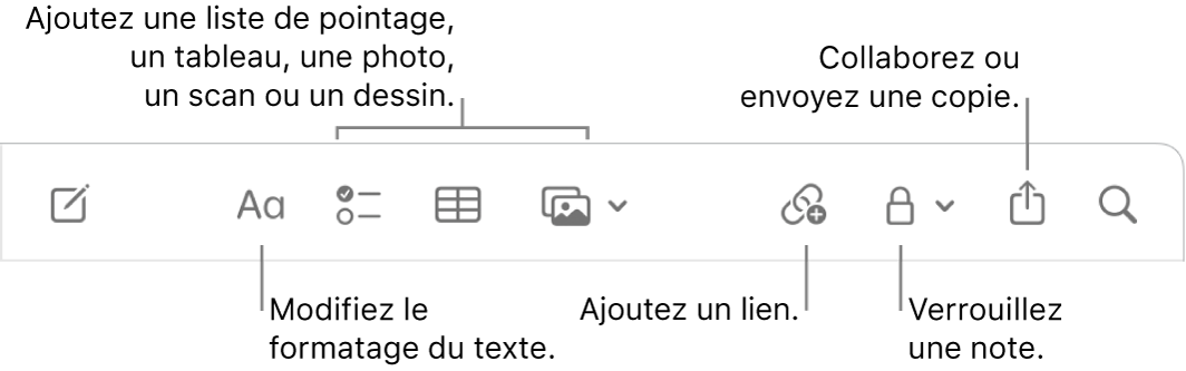 La barre d’outils de Notes avec des légendes pour les outils de format de texte, de liste de pointage, de tableau, de lien, de photos/contenu multimédia, de verrouillage, de partage et d’envoi d’une copie.