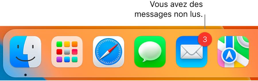 Section du Dock reprenant l’icône de l’app Mail et un médaillon, indiquant les messages non lus.