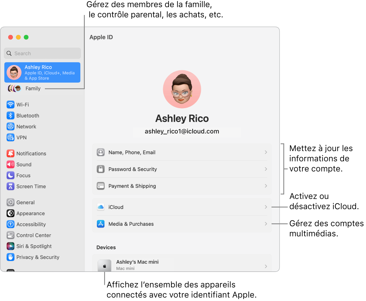 Réglages de l’identifiant Apple dans « Réglages Système » avec des légendes pour la mise à jour des informations du compte, l’activation ou la désactivation des fonctionnalités iCloud, la gestion des comptes multimédias, et Famille, où vous pouvez gérer les membres de votre famille, les contrôles parentaux, les achats, et plus encore.