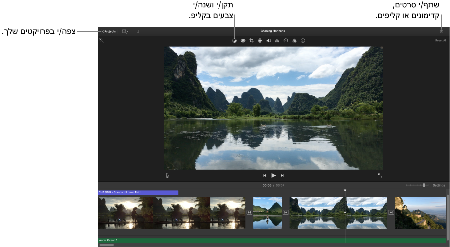חלון של iMovie המציג את הכפתורים לצפייה בפרויקטים, לתיקון וכוונון של הצבעים ולשיתוף הסרט, הקדימון או הקליפ.