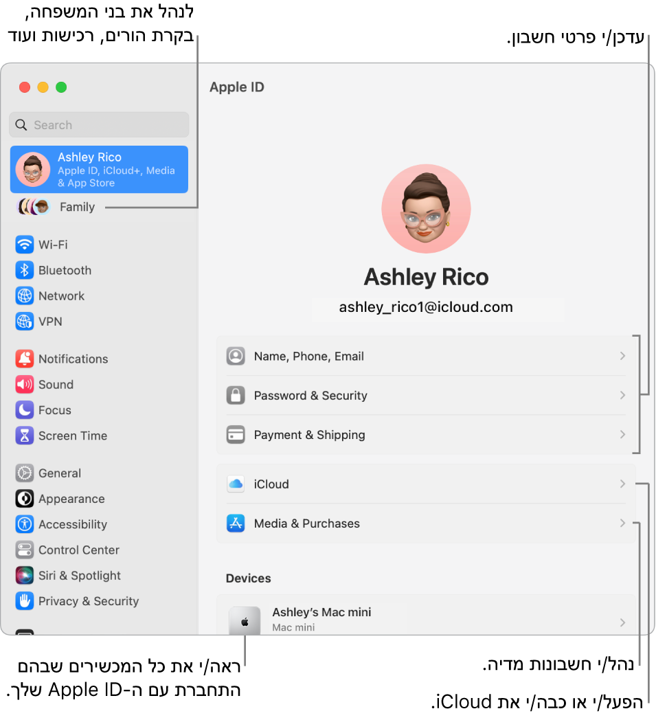 הגדרות Apple ID בתוך ״הגדרות המערכת״ עם הסברים על עדכון פרטי החשבון, הפעלה או כיבוי של מאפייני iCloud, ניהול חשבונות מדיה ו״משפחה״, שם ניתן לנהל בני משפחה, בקרי הורים, רכישות ועוד.