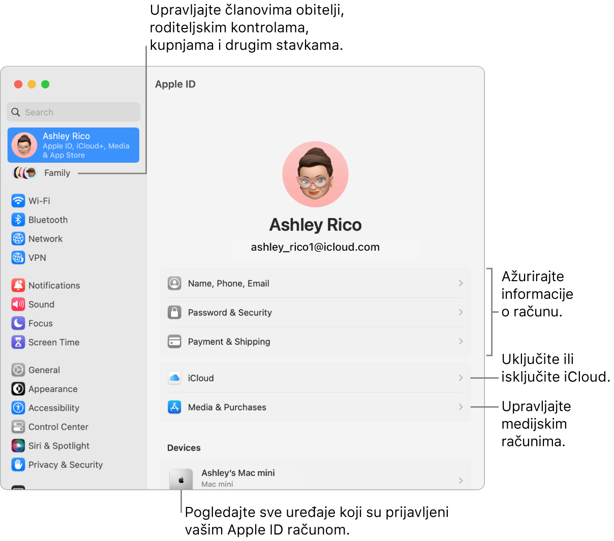 Postavke Apple ID-ja u Postavkama sustava s oblačićima za ažuriranje informacija o računu, uključivanje ili isključivanje značajki iClouda, upravljanje medijskim računima i Obitelji, gdje možete upravljati članovima obitelji, roditeljskim kontrolama, kupnjama i ostalim.