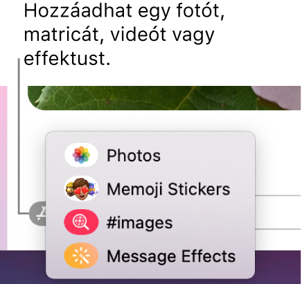 Az Appok menü a fotók, a Memoji matricák, GIF-ek és üzeneteffektek megjelenítésére szolgáló beállításokkal.