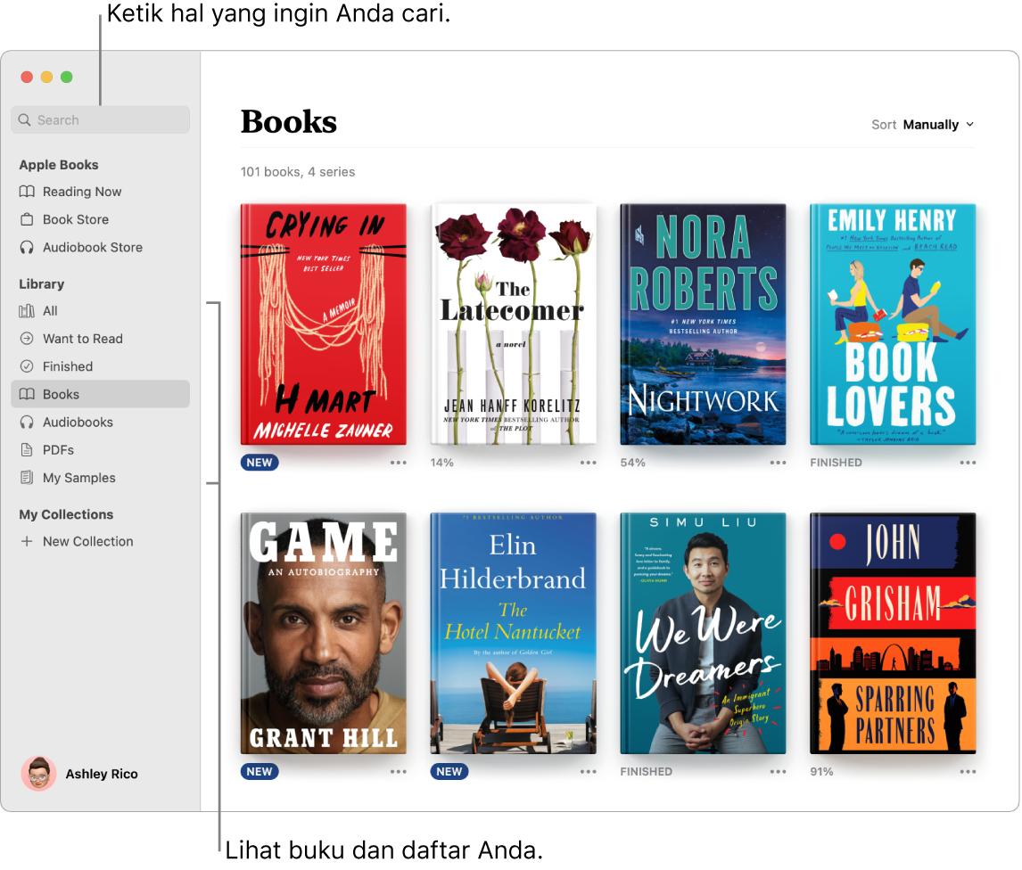 App Buku menampilkan cara melihat buku, menjelajahi konten yang dikuratori, dan pencarian.