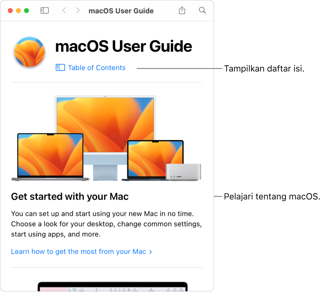 Untuk menemukan topik di Petunjuk Pengguna macOS, Anda dapat menelusuri atau mencari.