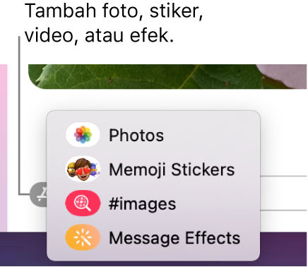 Menu App dengan pilihan untuk menampilkan foto, stiker Memoji, GIF, dan efek pesan.