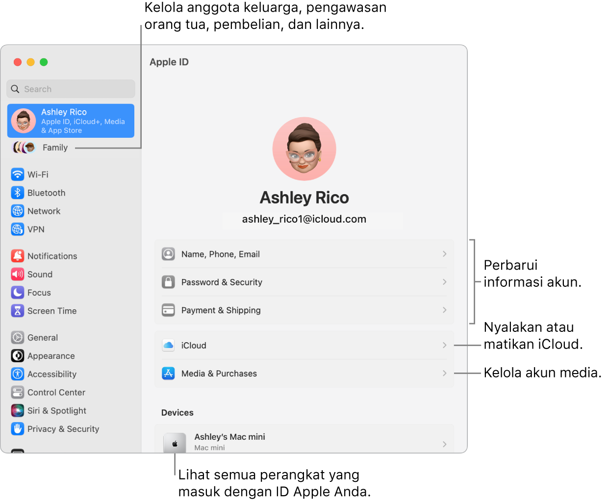 Pengaturan ID Apple di Pengaturan Sistem dengan keterangan untuk memperbarui informasi akun, menyalakan atau mematikan fitur iCloud, mengelola akun media, dan Keluarga, tempat Anda dapat mengelola anggota keluarga, pengawasan orang tua, pembelian, dan lainnya.