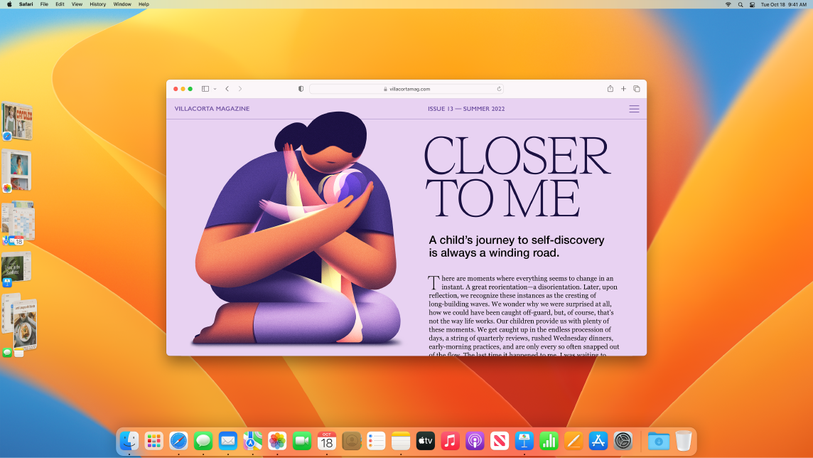 Una schermata che mostra Stage Manager con una schermata di Safari nella pagina principale e altre app sul lato sinistro.