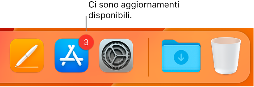 Sezione del Dock in cui è visualizzata l'icona di App Store con un badge, che indica che sono disponibili aggiornamenti.