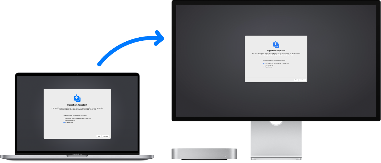 MacBook Pro және Mac mini компьютері екеуі де Migration Assistant экранын көрсетеді. Mac mini компьютерінен MacBook Pro компьютеріне көрсеткі бірінен екіншісіне деректердің тасымалданып жатқанын көрсетеді.