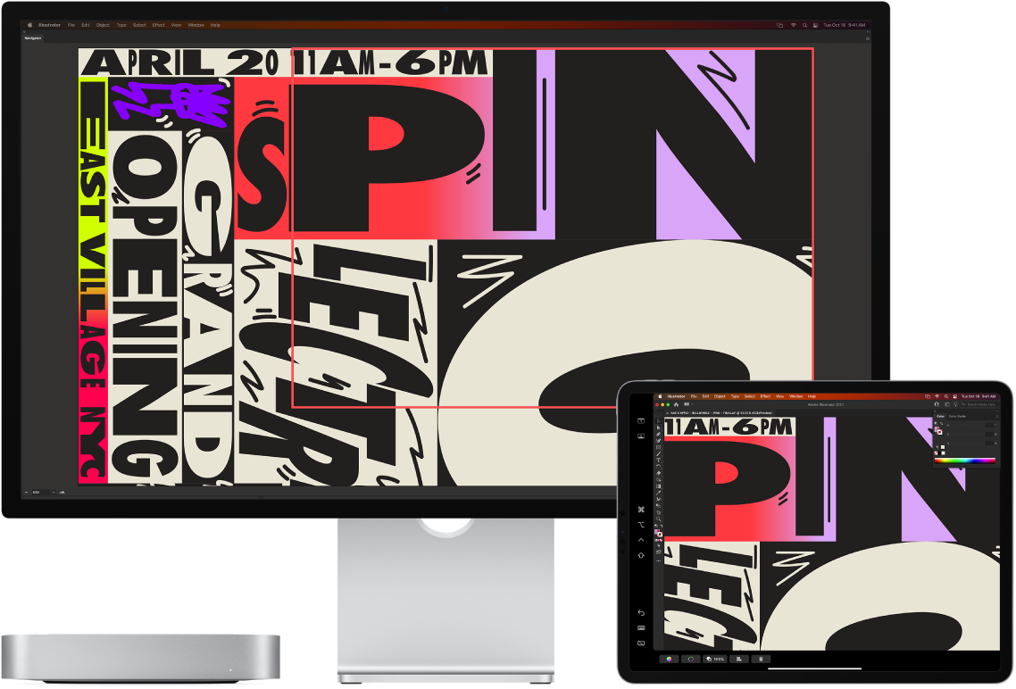 Mac mini және iPad қатар орналасады. Mac mini суретті иллюстратордың шарлағыш терезесінің ішінде көрсетеді. iPad иллюстратордың құжат терезесінде құралдар тақталарымен қоршалған бірдей суретті көрсетеді.
