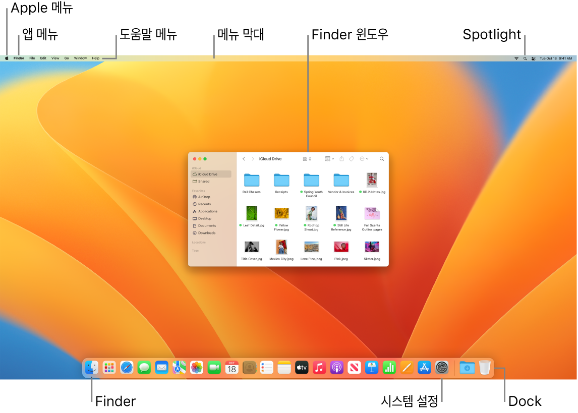 Apple 메뉴, 앱 메뉴, 도움말 메뉴, 메뉴 막대, Finder 윈도우, Spotlight 아이콘, Finder 아이콘, 시스템 설정 아이콘 및 Dock이 있는 Mac 화면.