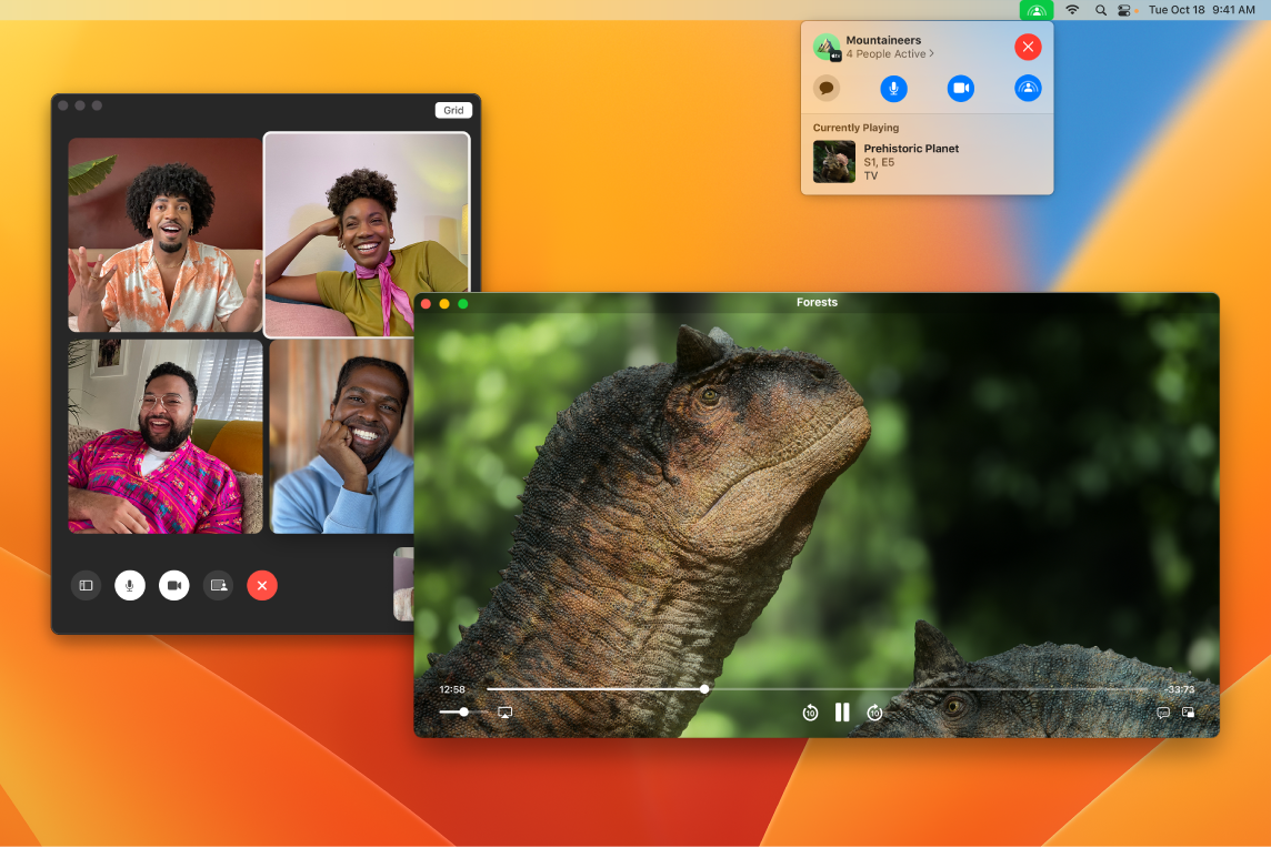 공유 파티를 구성하여 선사시대: 공룡이 지배하던 지구 에피소드를 함께 시청 중인 Apple TV 앱 윈도우 및 여러 명의 시청자가 있는 FaceTime 윈도우.