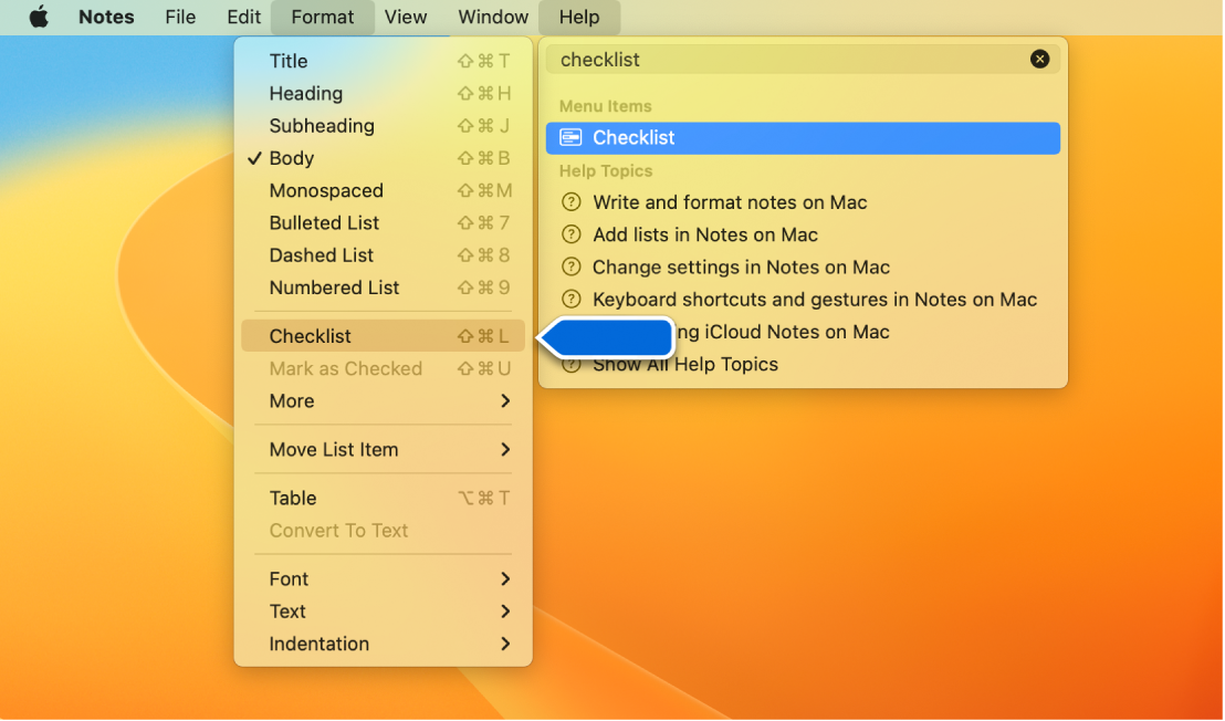 포맷 메뉴에 체크리스트가 하이라이트된 상태로 ‘체크리스트’ 검색 결과가 표시된 도움말 메뉴.