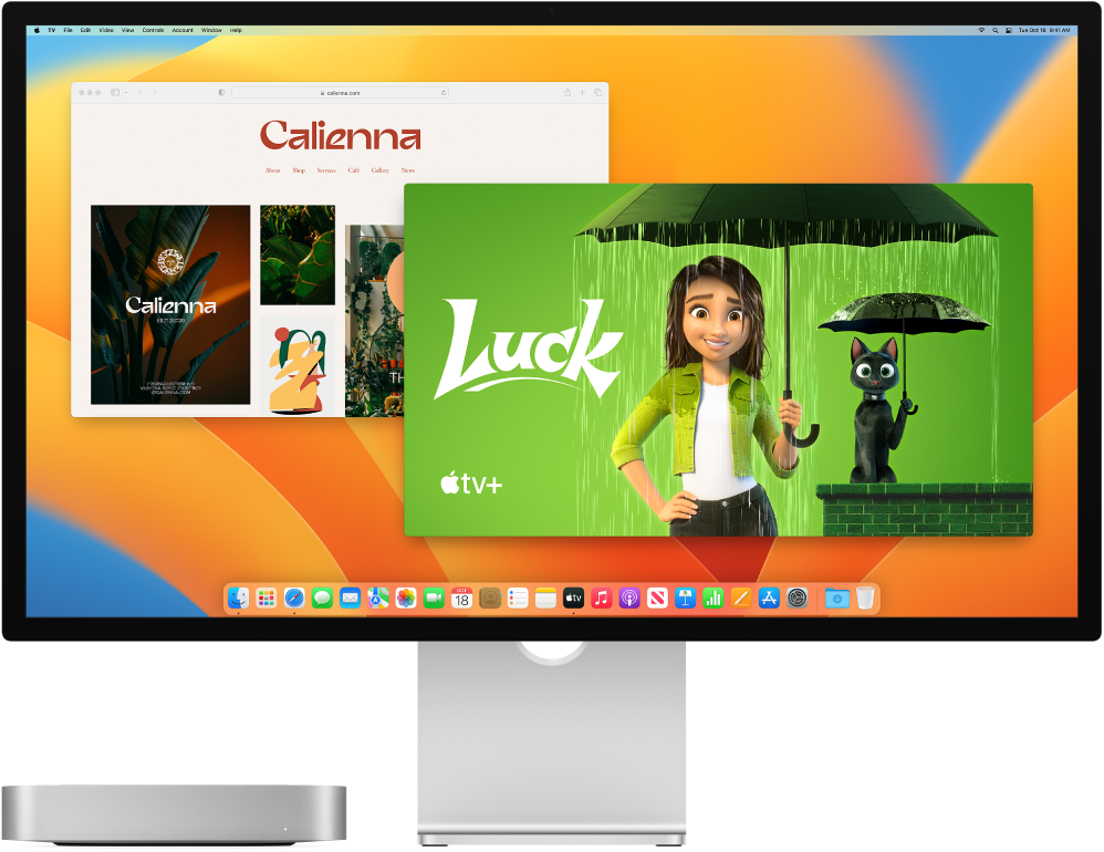 „Mac mini“ ir „Apple Studio Display“ vienas prie kito.
