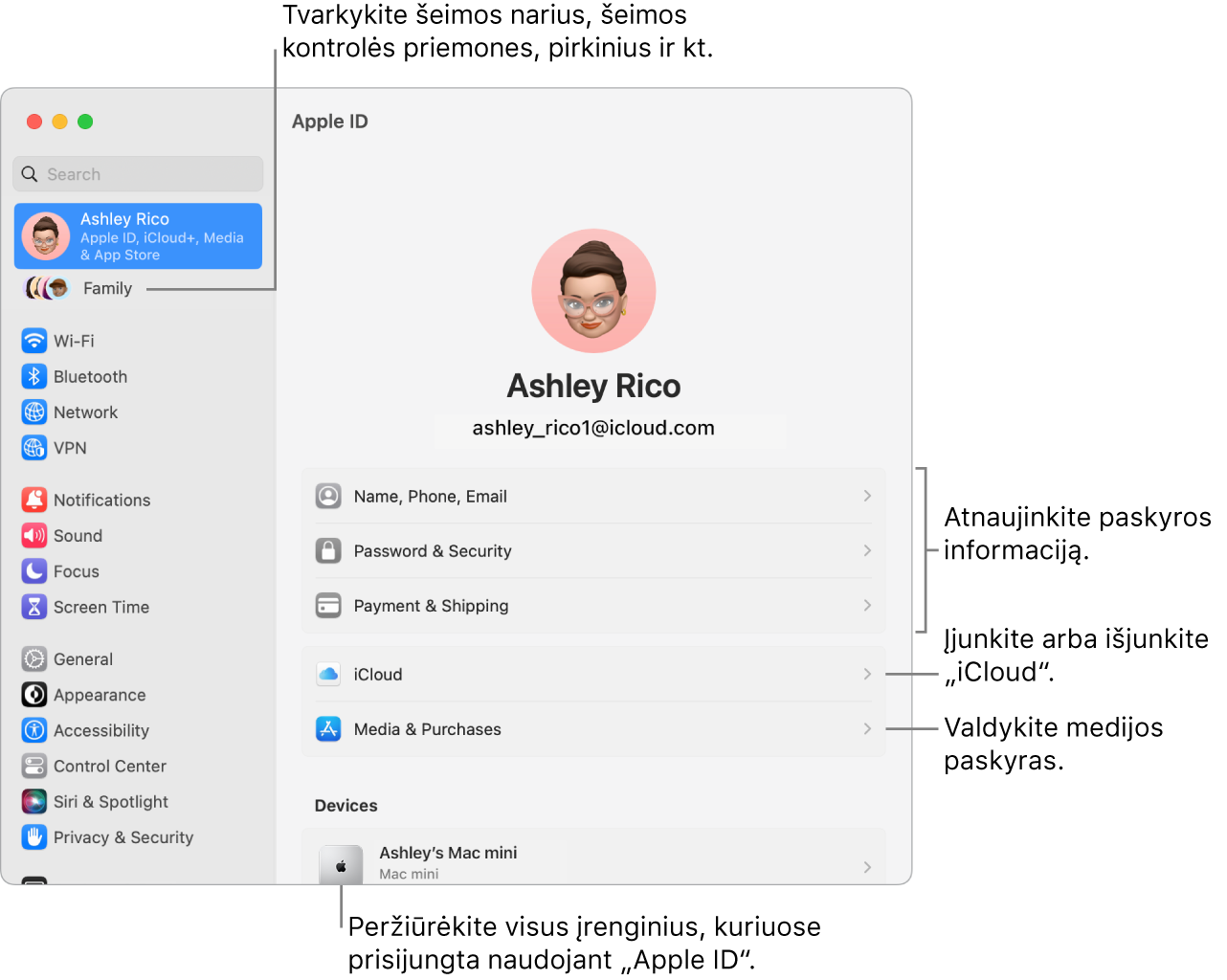 Skiltyje „System Settings“ pateikiami „Apple ID“ nustatymai su šaukiniais, skirtais atnaujinti paskyros informaciją, įjungti arba išjungti „iCloud“ funkcijas, tvarkyti medijos paskyras, ir „Family“, kur galite tvarkyti šeimos narius, tėvų kontrolę, pirkinius ir kt.