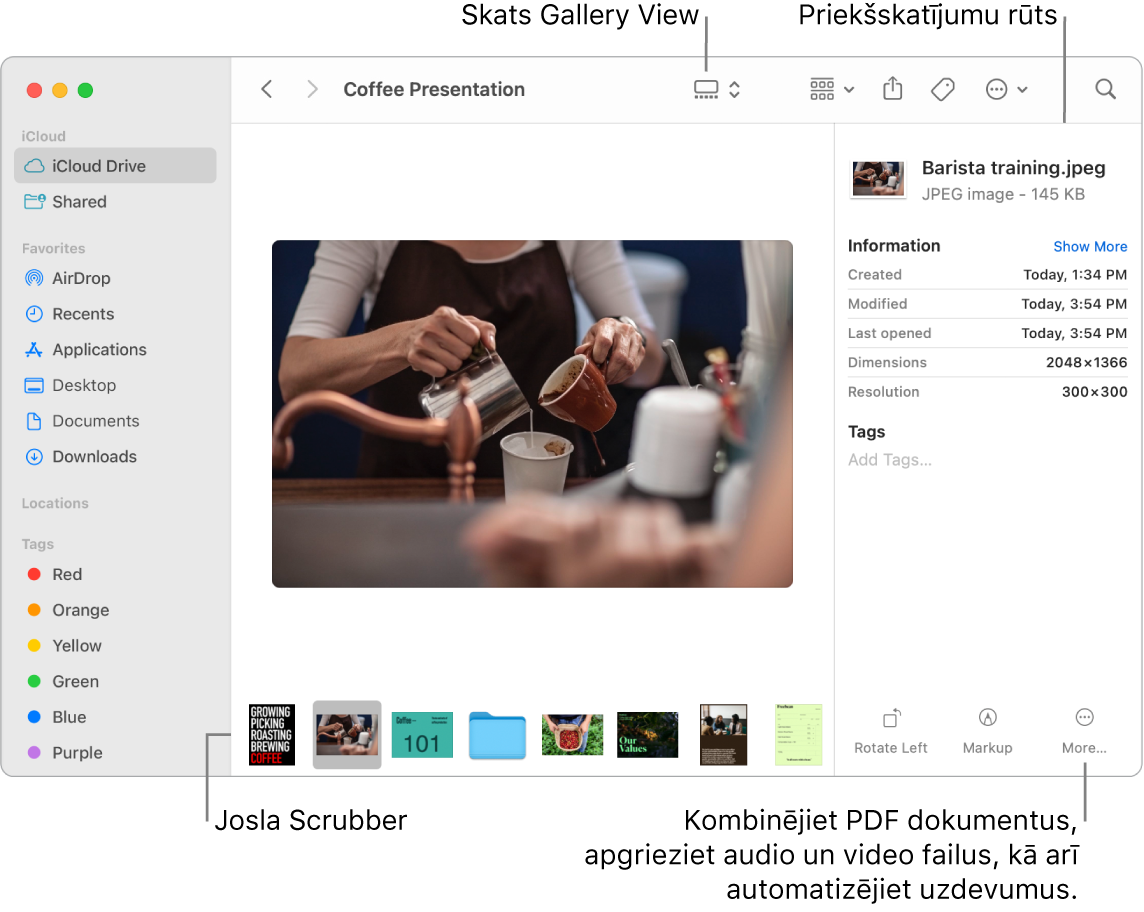 Atvērts lietotnes Finder logs skatā Gallery View, kurā redzams liels fotoattēls ar rindu mazāku attēlu — skrubera joslu — apakšā. Skrubera joslas labajā pusē ir vadīklas pagriešanai, atzīmēšanai u.c.