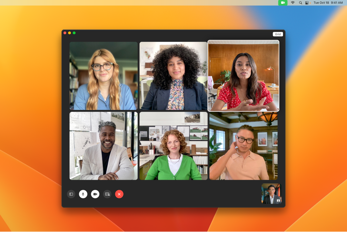 Et FaceTime-vindu med en gruppe inviterte brukere.
