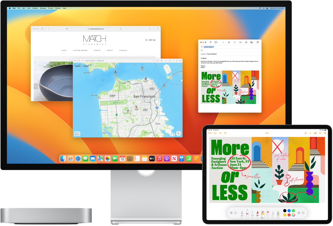 En Mac mini og iPad vises ved siden av hverandre. iPad-skjermen viser en brosjyre med merknader. Mac mini-skjermen viser en Mail-melding med brosjyren fra iPaden lagt ved som et vedlegg.