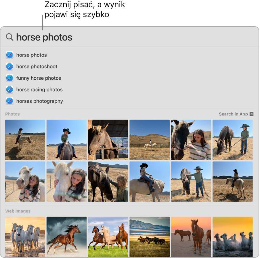Okno Spotlight pokazujące wyniki wyszukiwania frazy „zdjęcia koni”.