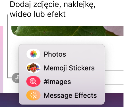 Menu aplikacji z opcjami wyświetlania zdjęć, naklejek Memoji, animacji GIF oraz efektów wiadomości.