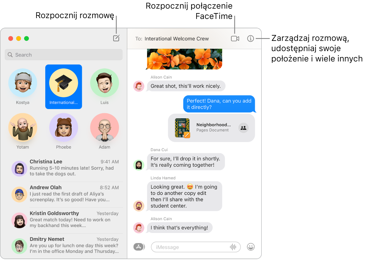 Okno aplikacji Wiadomości z opisami przycisków rozpoczynania rozmowy oraz połączenia FaceTime.