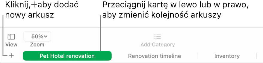 Okno aplikacji Numbers z opisami przycisków dodawania nowego arkusza oraz zmiany kolejności arkuszy.