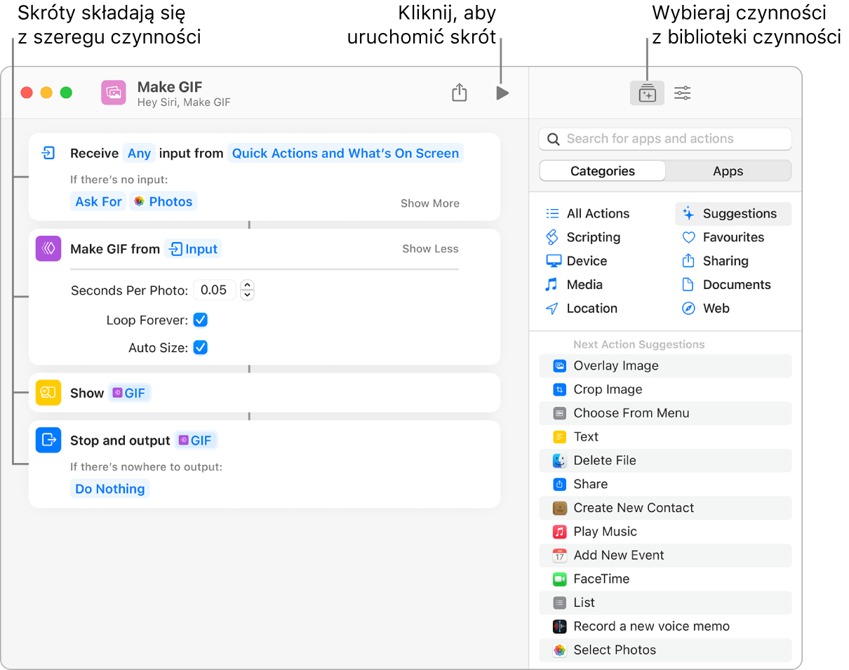 Edytor skrótu Utwórz obrazek GIF po lewej oraz biblioteka czynności po prawej.