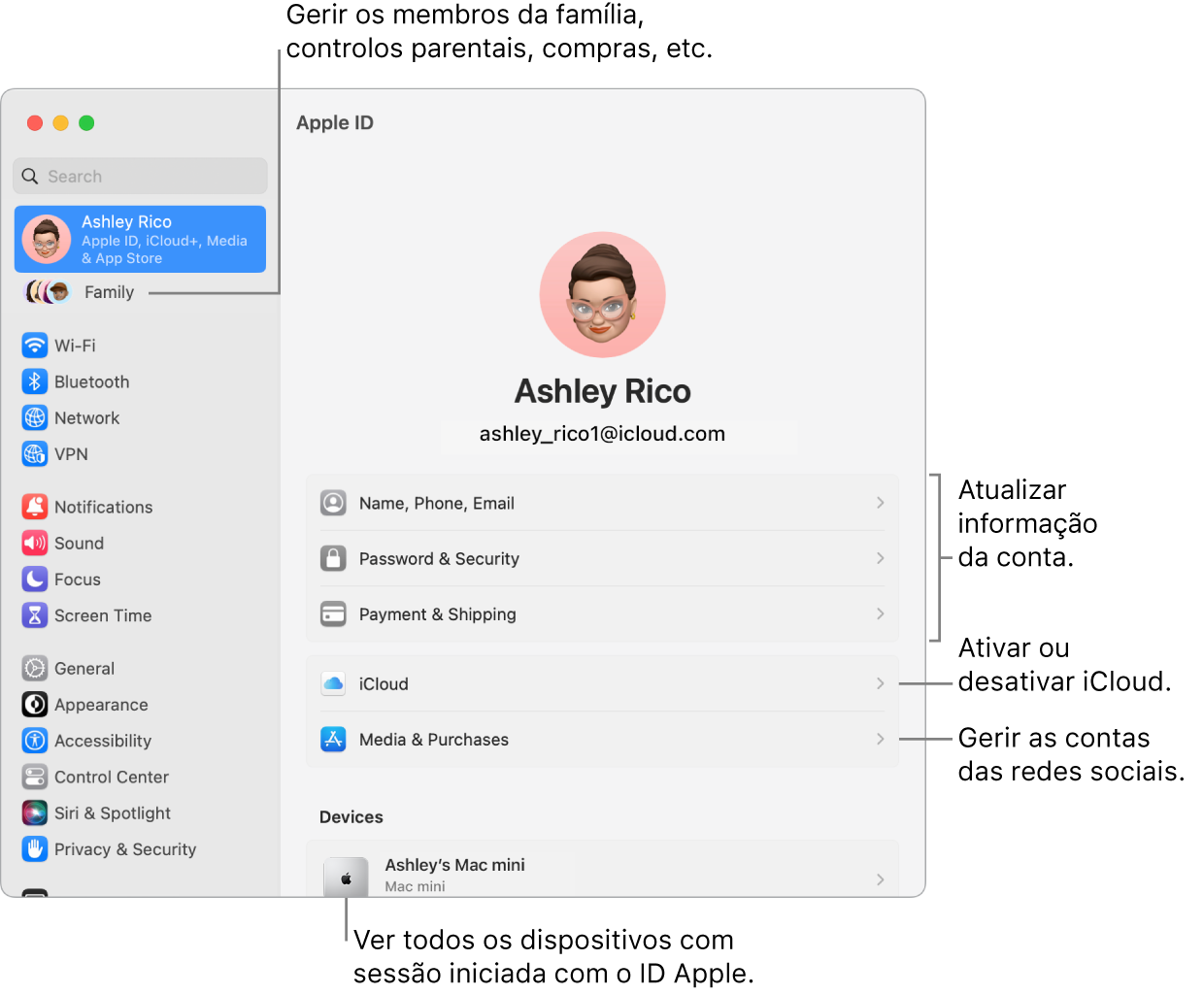 As definições do ID Apple nas Definições do Sistema, com chamadas para atualizar a informação da conta, ativar ou desativar funcionalidades de iCloud, gerir contas de conteúdo multimédia e Família, onde pode gerir os membros da família, controlos parentais, compras. etc.
